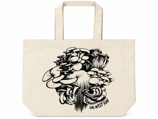A cream-colored canvas tote bag with a black ink illustration of various mushrooms and the text 'FAR-WEST HUNNY' printed on the front, set against a plain white background.