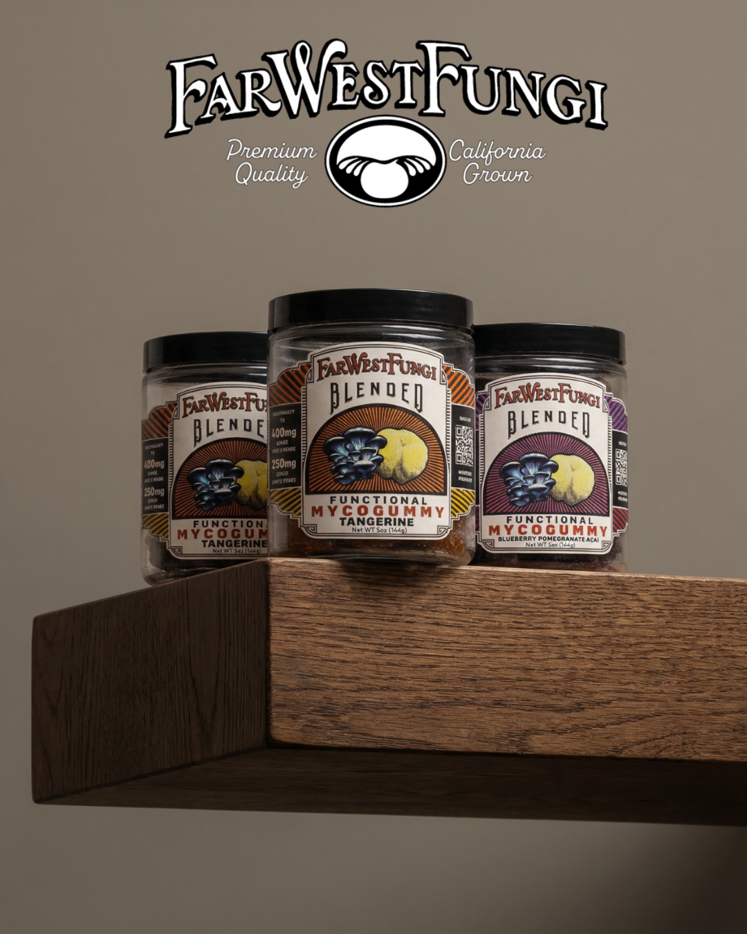 Three jars of FarWest Fungi products on a wooden shelf with a brown background.