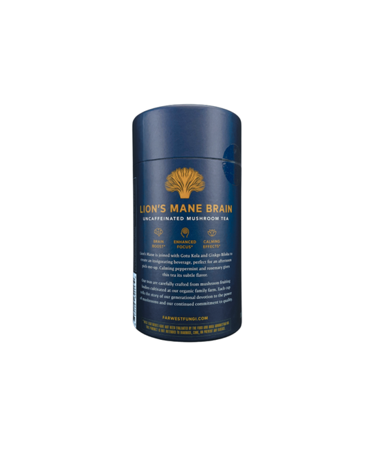 Blue container of Lion's Mane Brain on a white background