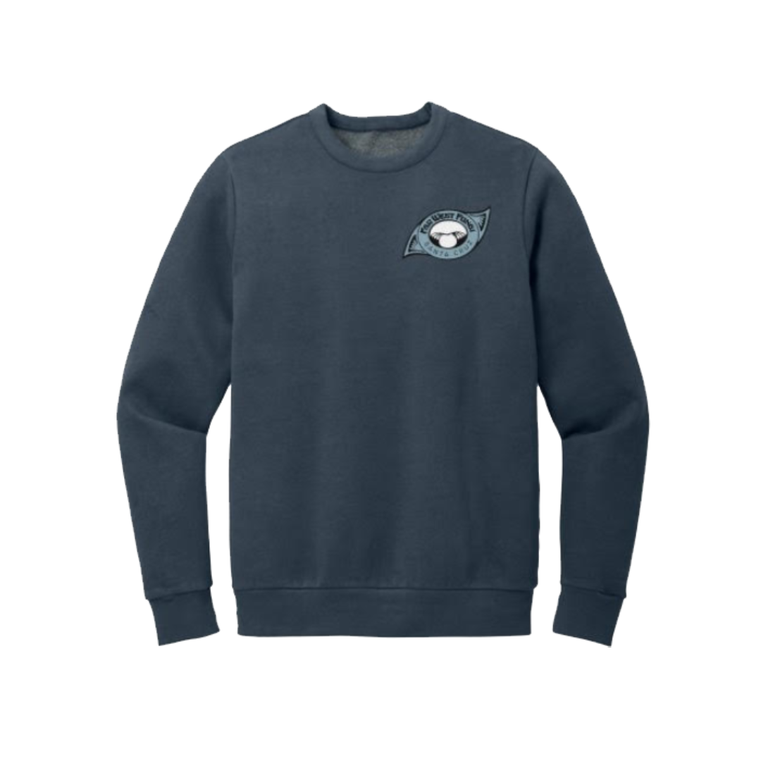 A navy blue crewneck sweatshirt with a logo on the front and a graphic on the back related to the Santa Cruz Mountain Mushroom Festival.