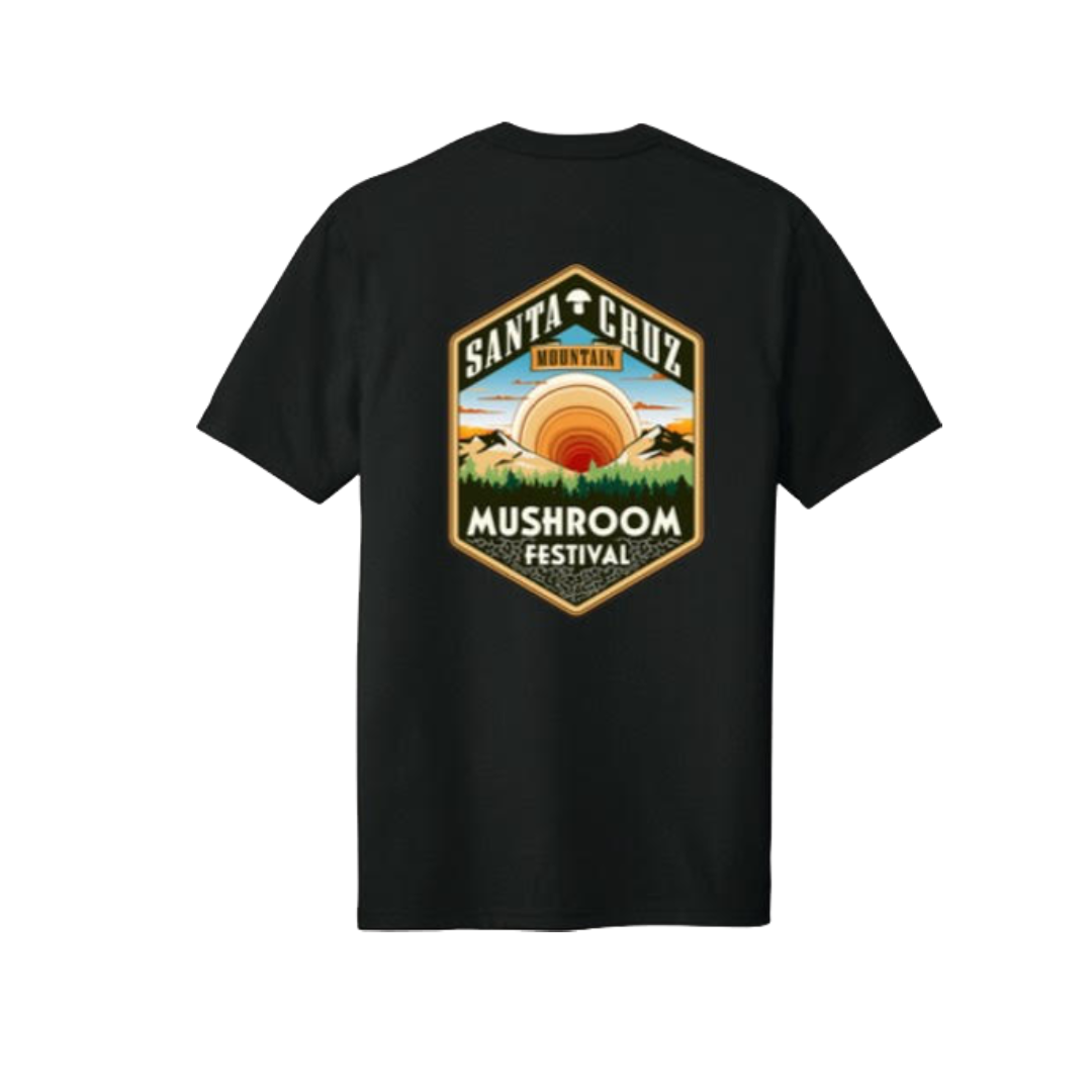 Black t-shirt with a colorful graphic on the back on a white background