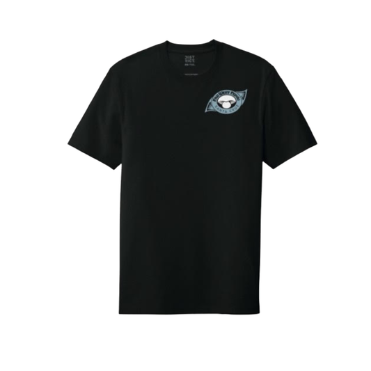 Black short-sleeved t-shirt with a logo and text graphic in the center on the chest and a larger banner graphic on the back.