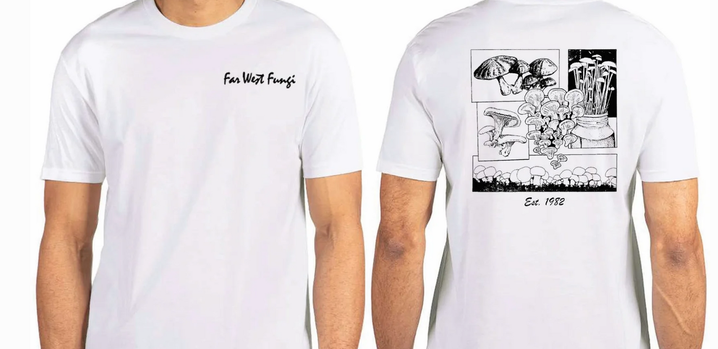 White t-shirt with black graphics on a white background