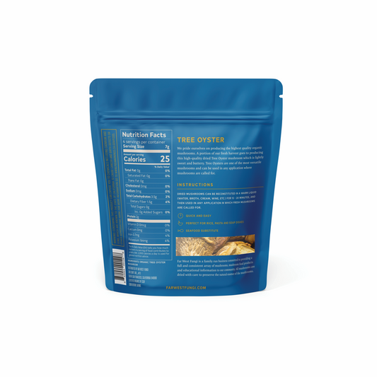 Blue package of Tree Oyster with nutrition facts and instructions on a white background