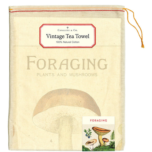 Vintage-style tea towel with mushroom illustration and 'Cavallini & Co.' branding.