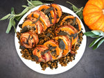 Bacon Wrapped Stuffed Squash with Black Trumpets and Faro