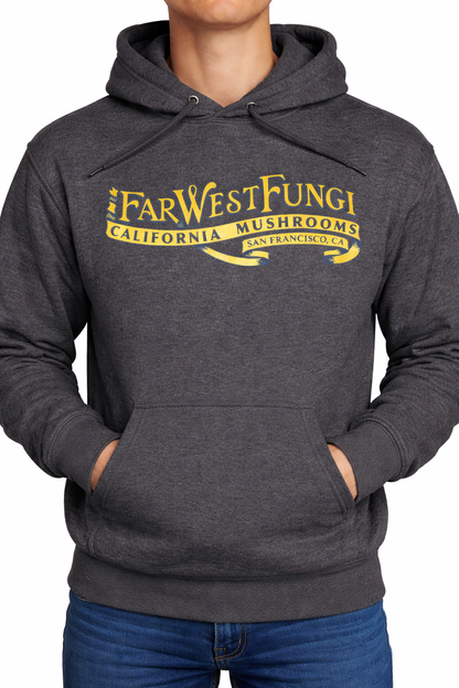 Person wearing a dark gray hoodie with yellow text 'Far West Fungi California Mushrooms San Francisco CA'.