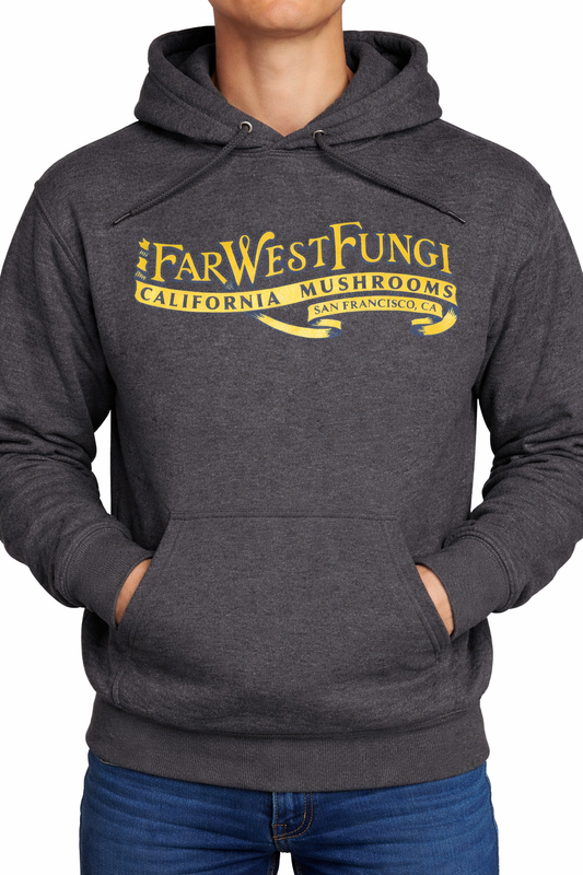 Person wearing a dark gray hoodie with yellow text 'Far West Fungi California Mushrooms San Francisco CA'.