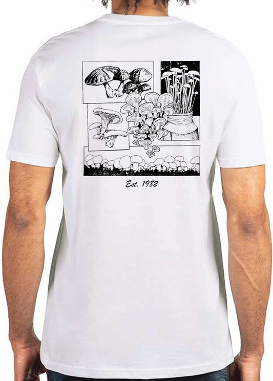 White t-shirt with black and white graphic design on the back