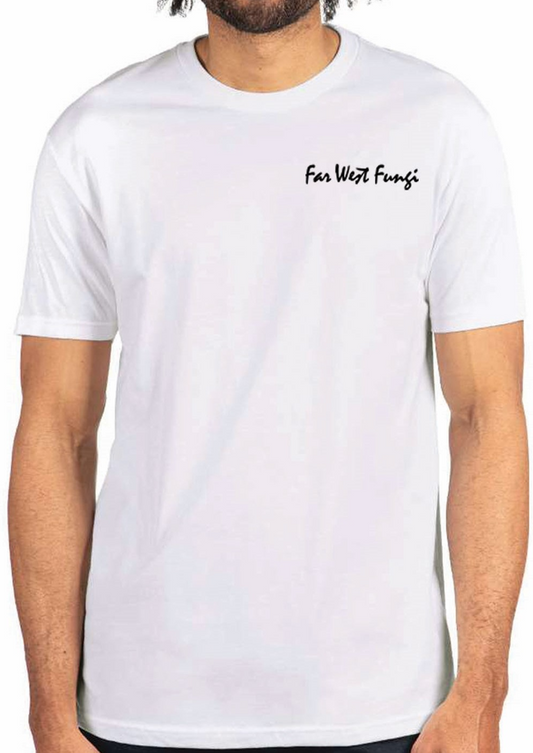 Person wearing a white t-shirt with 'Fai West Fungi' text on a plain background