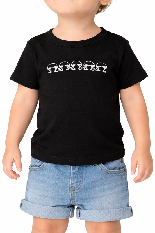 Child wearing a black t-shirt with a white graphic design on a white background