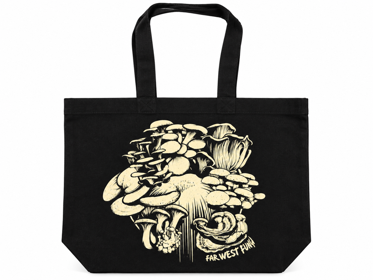 A black canvas tote bag with two top handles, featuring a large cream-colored illustration of various mushrooms on the front. The text 'FAR WEST FUN!' is printed in a stylized font near the bottom of the mushroom graphic.