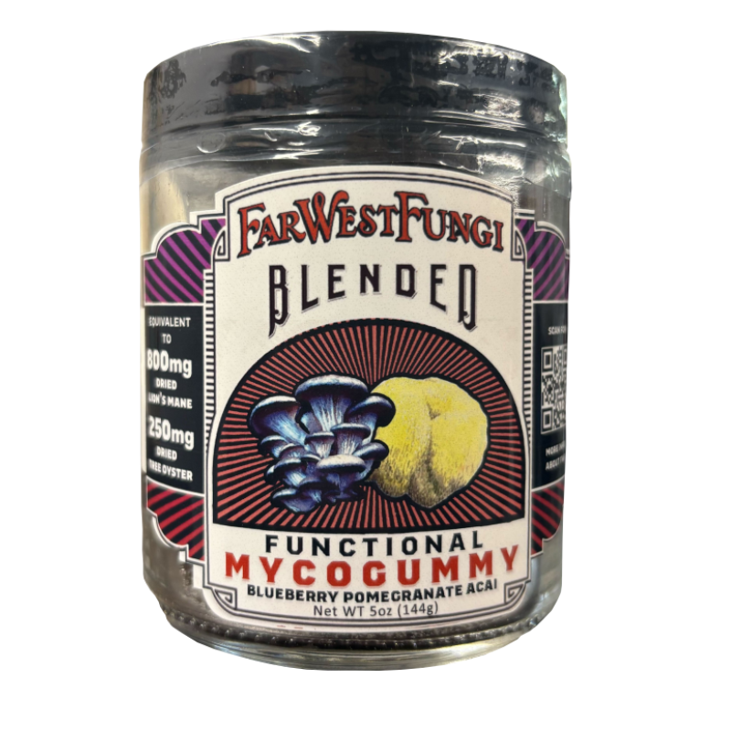 Jar of FarWest Fungi Blended Functional Mycogummy with mushroom illustration on label