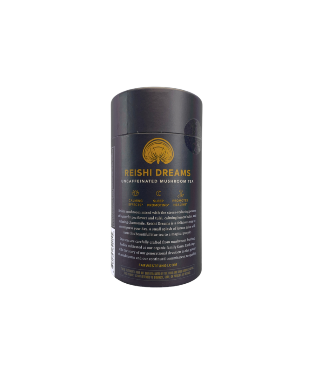 Black container of Reishi Dreams mushroom tea on a white background