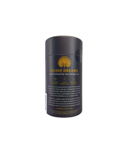 Black container of Reishi Dreams mushroom tea on a white background