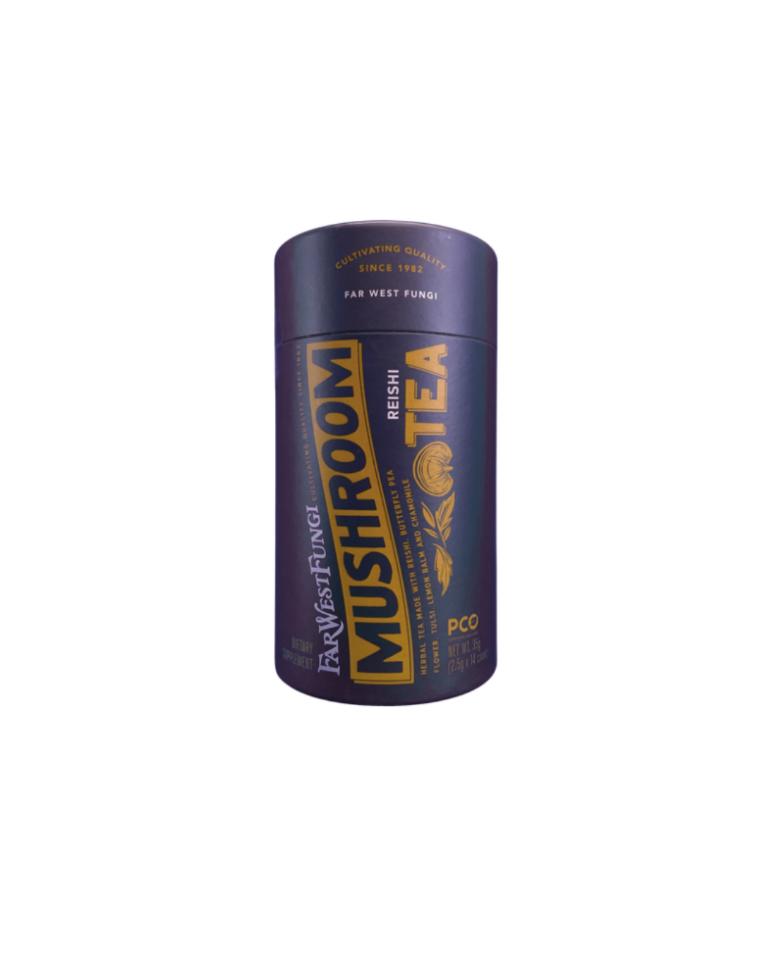 Mushroom tea canister with branding on a white background