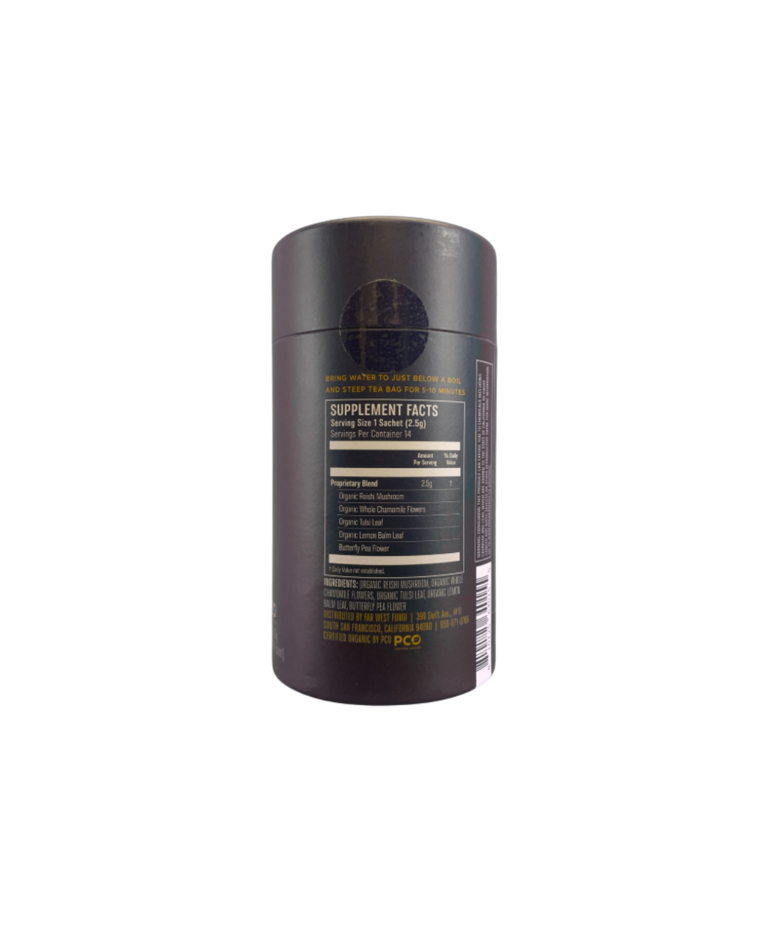 Black supplement container with label on a white background