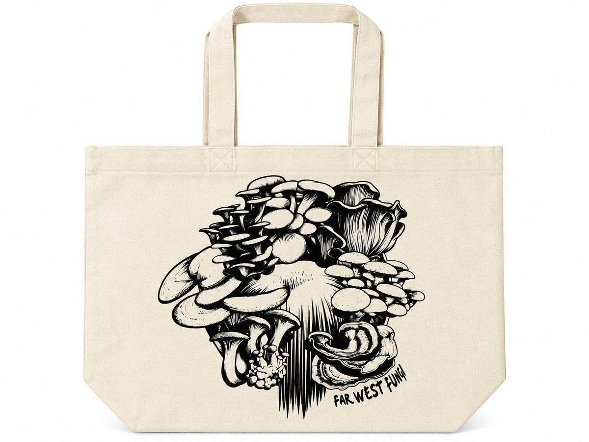 A cream-colored canvas tote bag with a black ink illustration of various mushrooms and the text 'FAR-WEST HUNNY' printed on the front, set against a plain white background.
