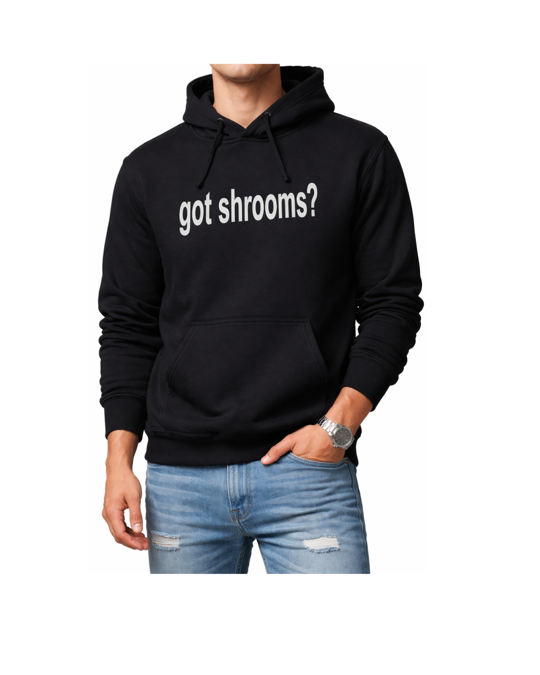 Person wearing a black hoodie with 'got shrooms?' text on a white background