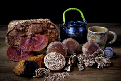 Mushroom products and a teapot on a wooden surface with a dark background