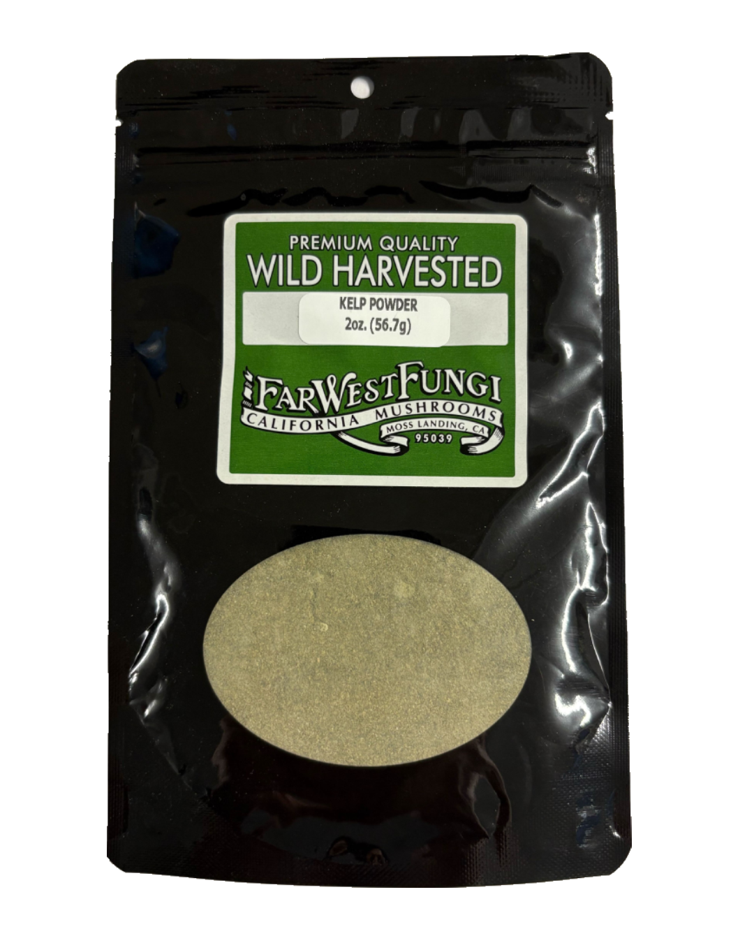 Package of FarWest Fungi wild harvested kelp powder on a white background