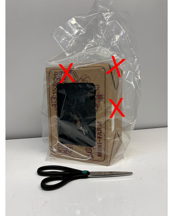 Product wrapped in clear plastic with red 'X' marks, scissors on a white surface.