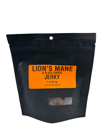 A black resealable stand-up pouch of Lion's Mane & Black Garlic Jerky, featuring a bright orange label with black text and a small clear window near the bottom showing the jerky inside.