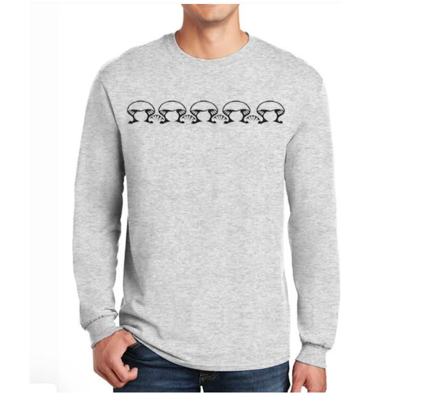 Gray long-sleeve shirt with a graphic design on a white background