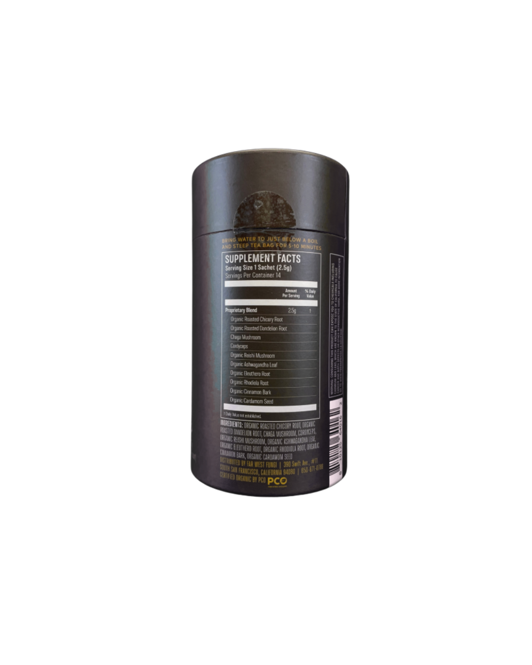 Black supplement container with label on a white background