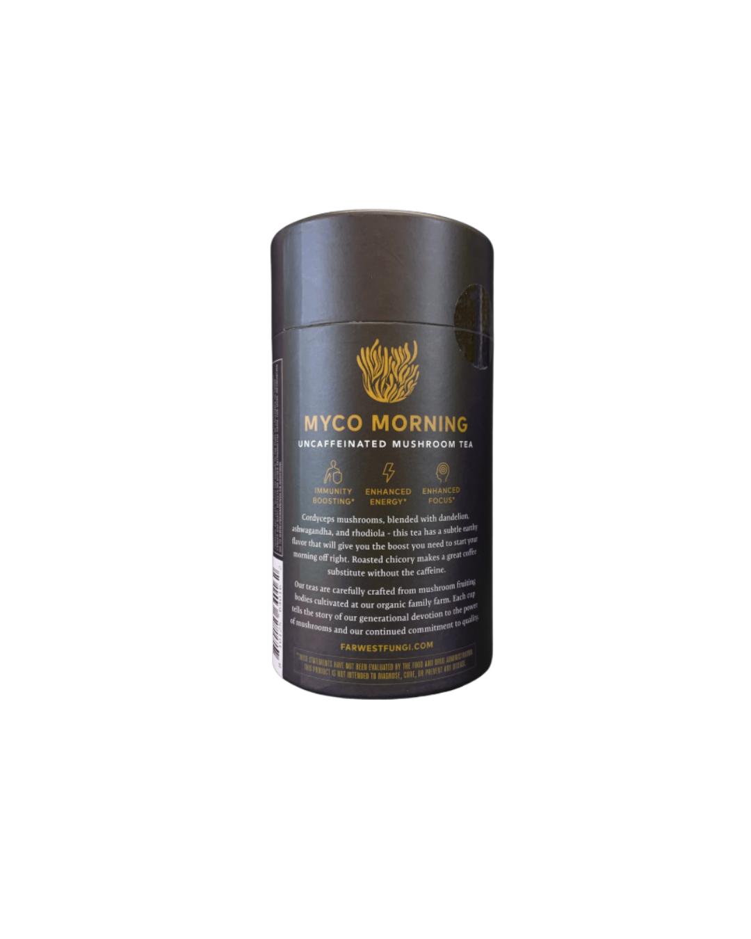 Black cylindrical container with 'MYCO MORNING' branding on a white background