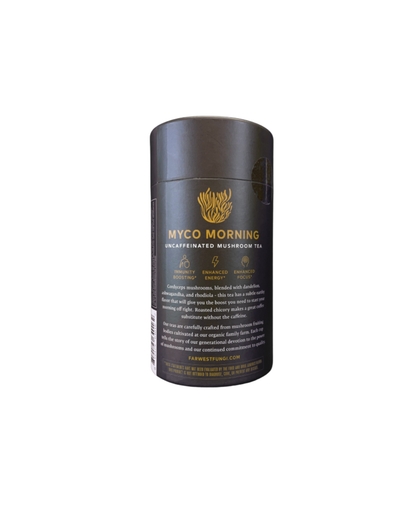 Black cylindrical container with 'MYCO MORNING' branding on a white background