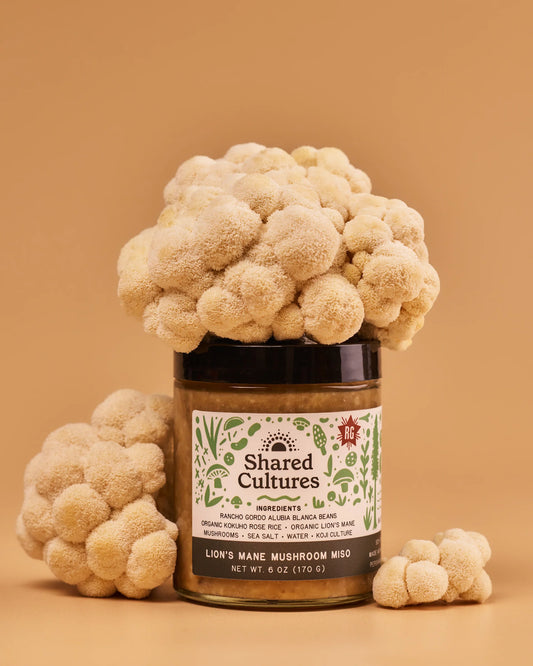 Jar of 'Shared Cultures' mushroom product with cauliflower on a beige background