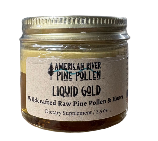 Jar of American River Pine Pollen Liquid Gold on a white background