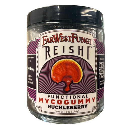 Jar of Far West Fungi Reishi Functional Mycogummy Huckleberry on a white background