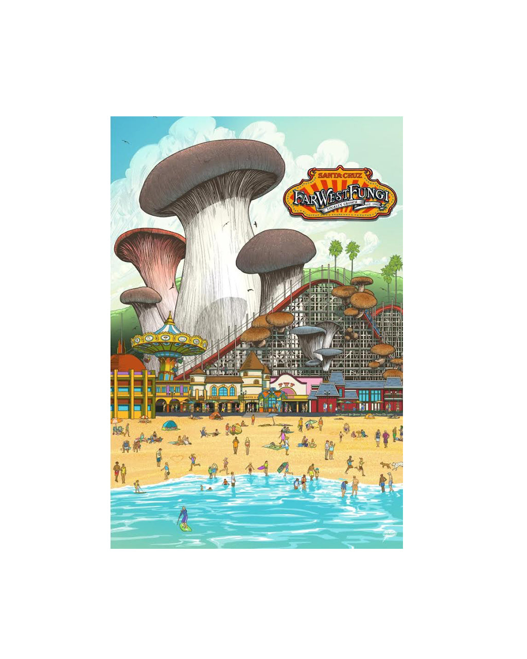 A colorful illustrated poster or print showing a beach scene with giant mushrooms, a roller coaster, small beachgoers, and a sign reading 'Sailshipp!' at the top.