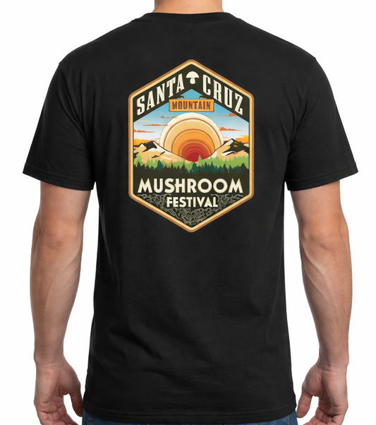Black t-shirt with Santa Cruz Mountain Mushroom Festival graphic on the back