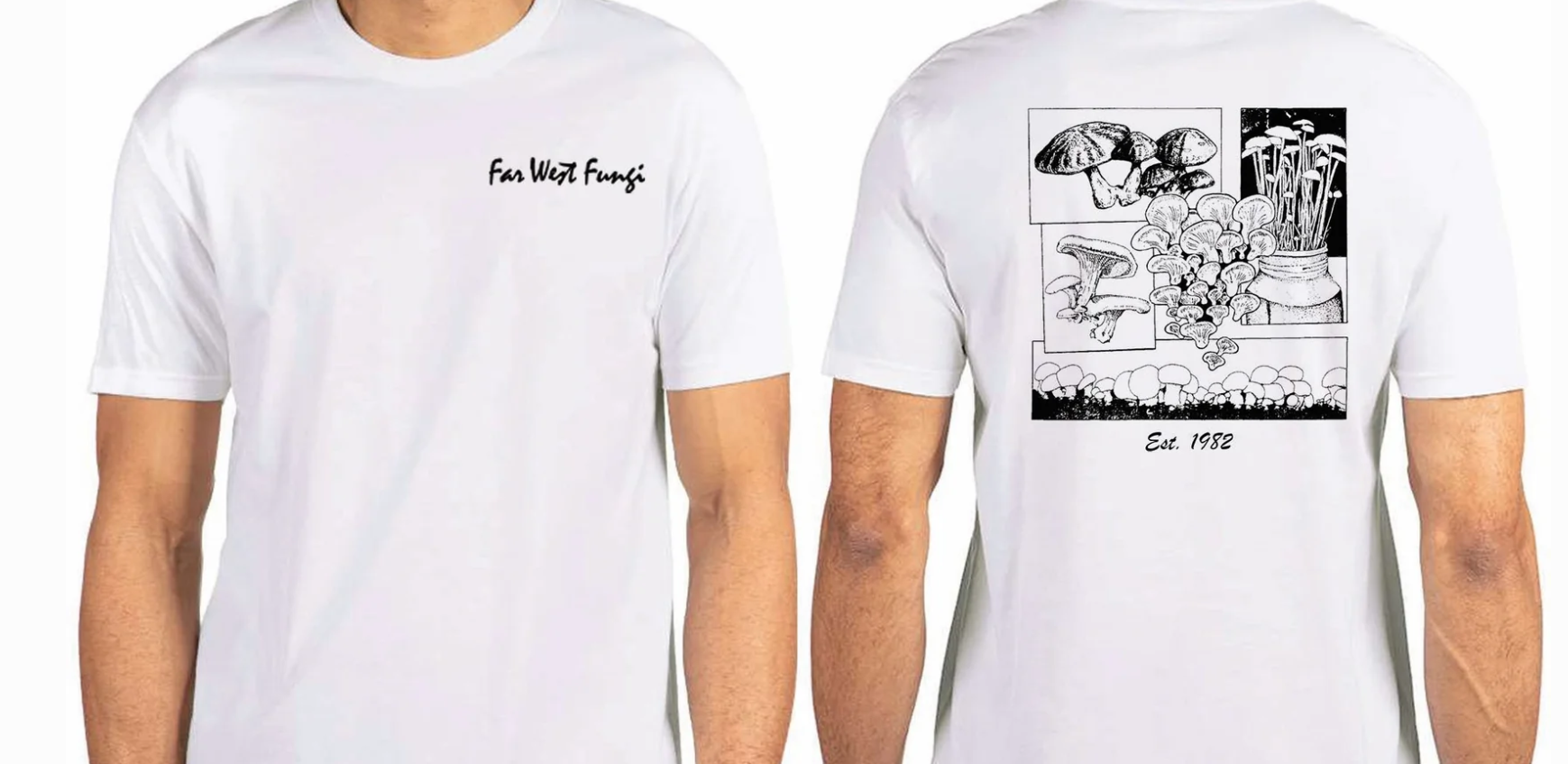 White t-shirt with black graphics on a white background