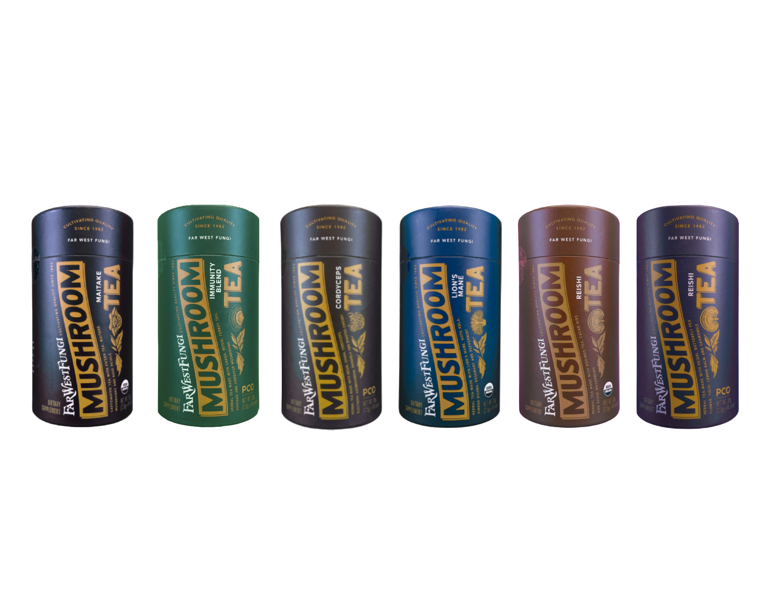 Set of eight 'Mushroom Tea' canisters in various colors on a white background
