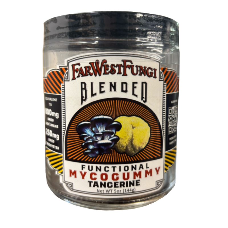 Jar of FarWest Fungi Blended Functional MycoGummy Tangerine on a white background