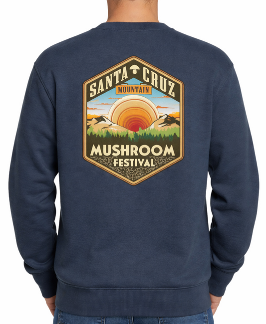 Navy blue sweatshirt with 'Santa Cruz Mountain Mushroom Festival' graphic on the back