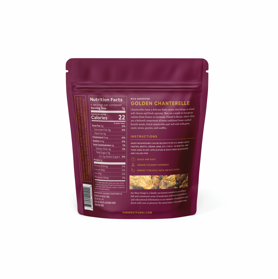 Back view of a purple mushroom packaging with text and images on a white background