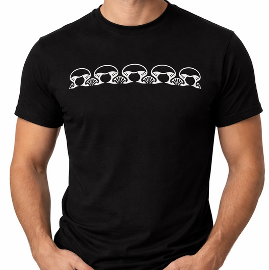 Black t-shirt with white graphic design on a white background