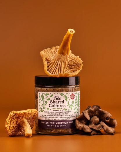 Jar of 'Shared Cultures' mushroom mist with mushrooms on an orange background