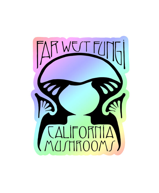 A die-cut sticker featuring a black silhouette of a mushroom with stylized text reading 'FAR WEST FUNGI' at the top and 'CALIFORNIA MUSHROOMS' at the bottom, set against a pastel rainbow gradient background on a white backdrop.
