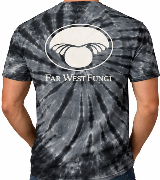 Tie-dye t-shirt with 'Far West Fungi' logo on the back